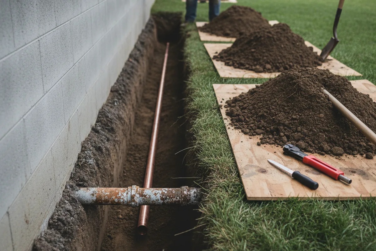 Excavated water line trench during Water Softener Installation in Redmond